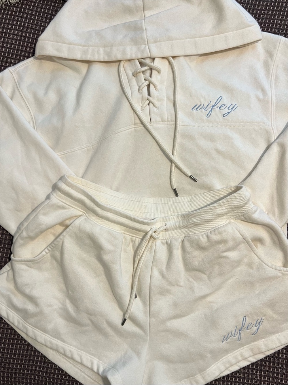 Ivory Wifey Lace-Up Hoodie & Shorts Set